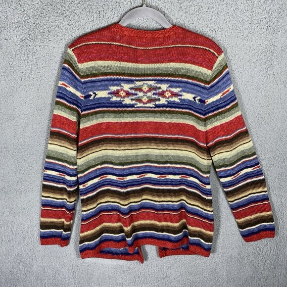 Lauren Ralph Lauren Women M Handknit Linen Blend Cardigan Southwest Stripe Aztec - Picture 2 of 6